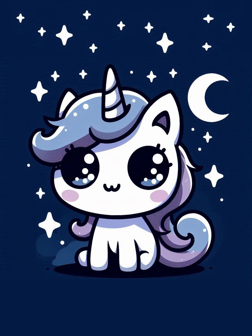 Halloween unicorn illustration ideas featuring a cute unicorn with a shiny horn and big eyes, sitting under a starry sky with a crescent moon.